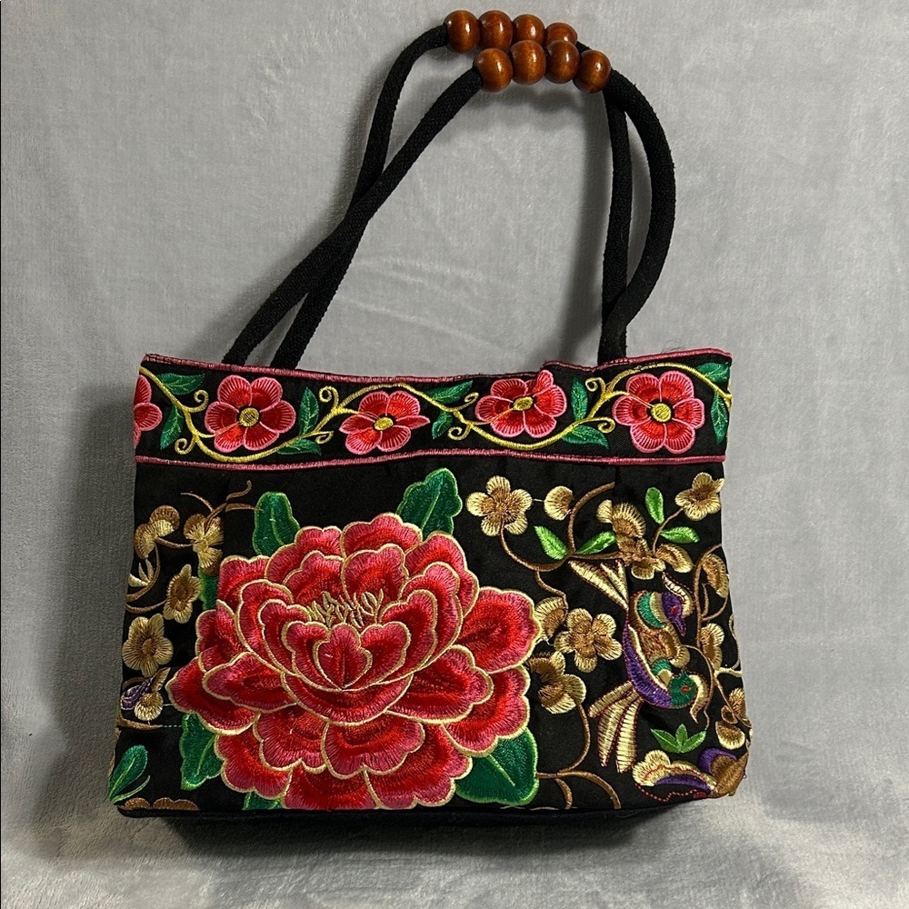 Floral Embroidered Black Tote Bag
